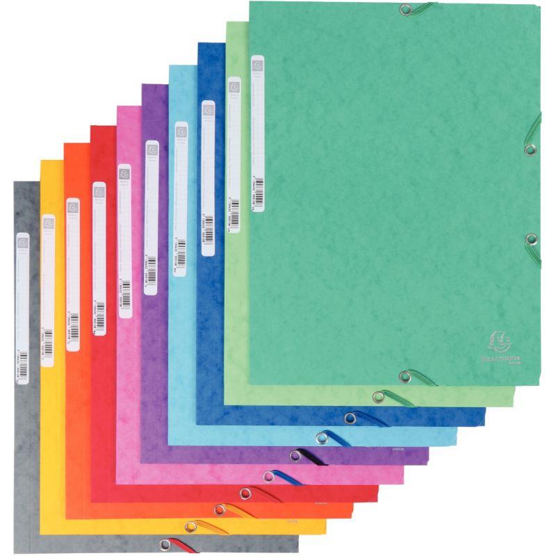 Paquet de 10 chemises 3 rabats à élastiques en carte lustrée 400g, coloris assortis