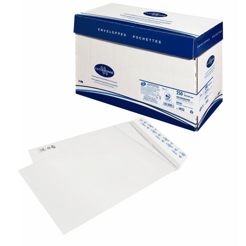 Boite de 250 pochettes blanches 229x324mm 90g bande siliconée fenêtre 50x100mm